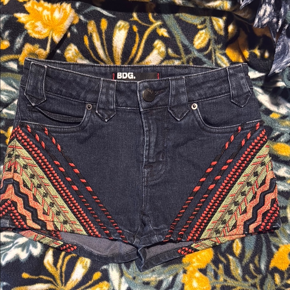 BDG Women's Black Denim Shorts with Red and Green Accents
